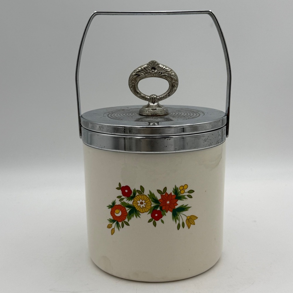 Vintage Floral Ice Bucket Cream Chrome Lid Ornate Handle Mid Century Retro Bar